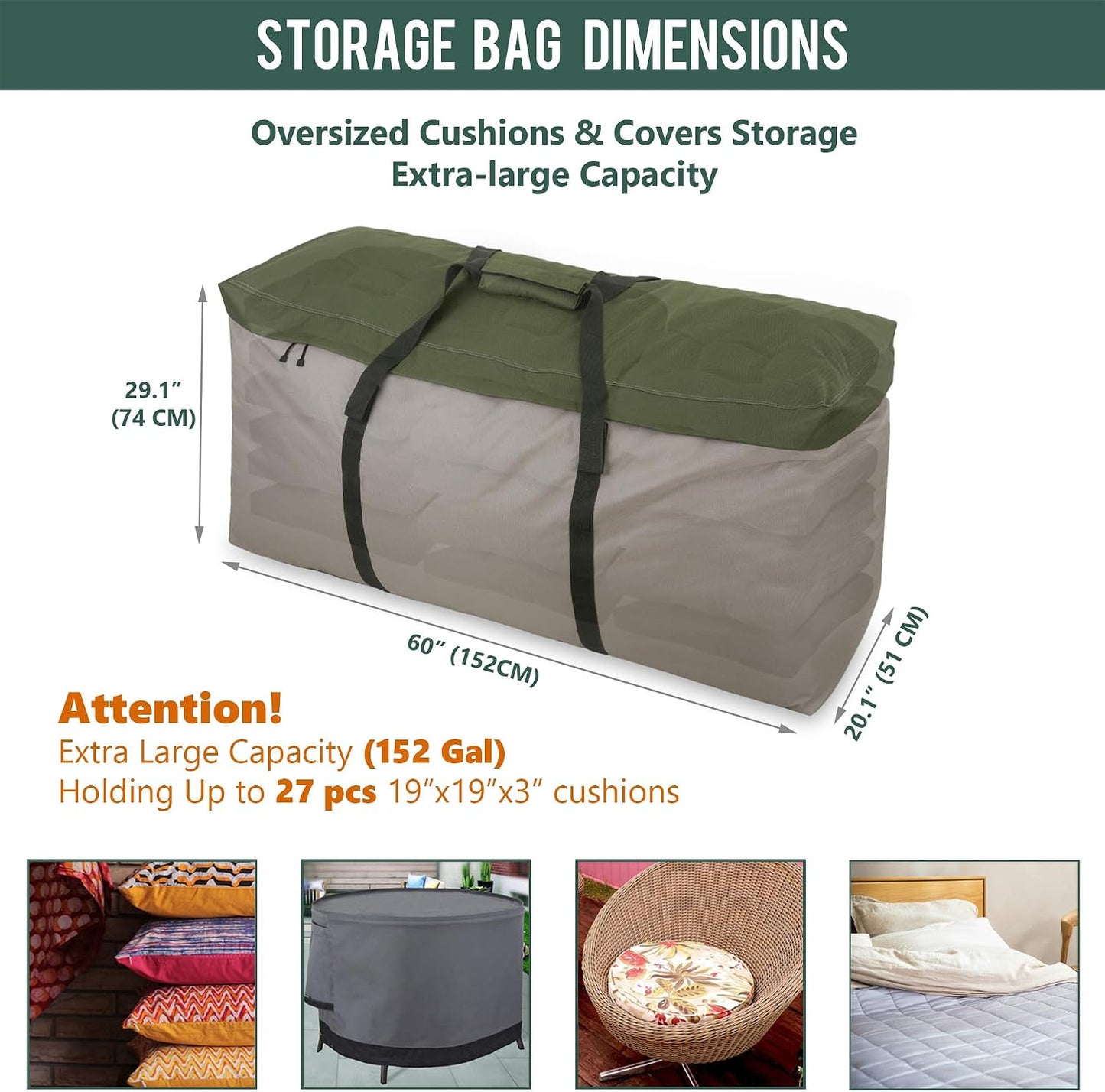 Bolsa almacenamiento cojines 60" 152gal resistente agua 600D