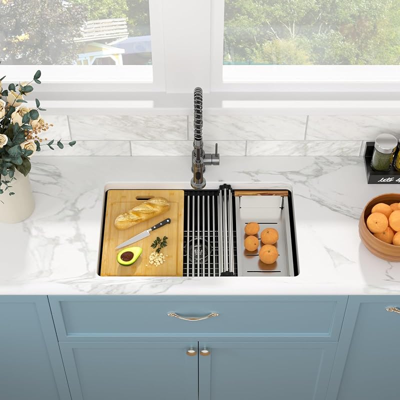 Fregadero cocina negro 28x19" compuesto cuarzo