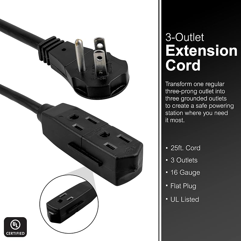 Cable extensión plano 3 salidas 25 ft con tomas