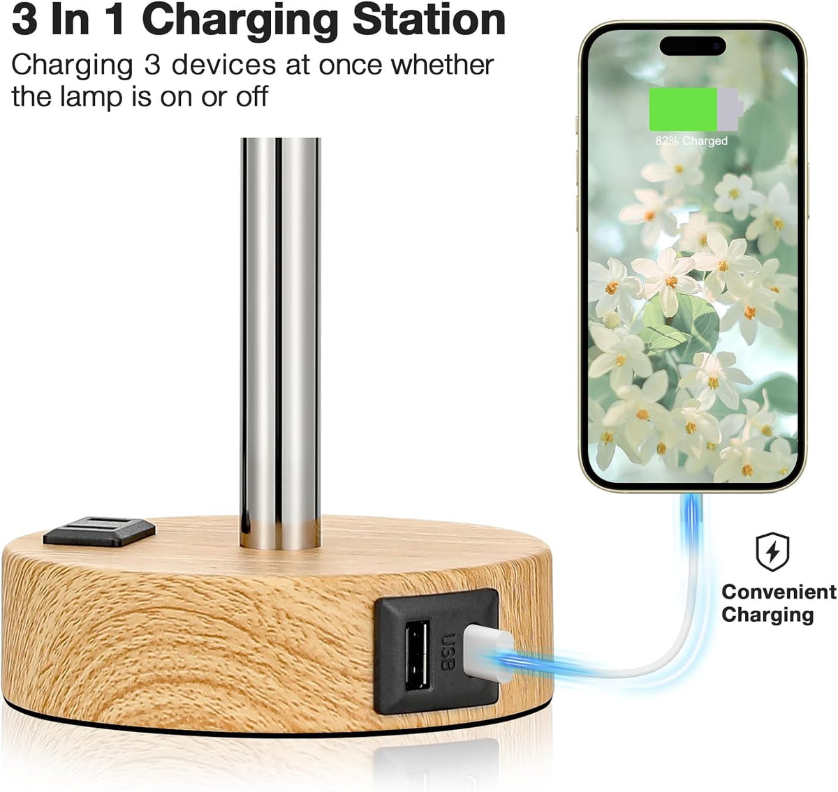 Lámpara mesa floral control táctil 3 modos USB C y AC