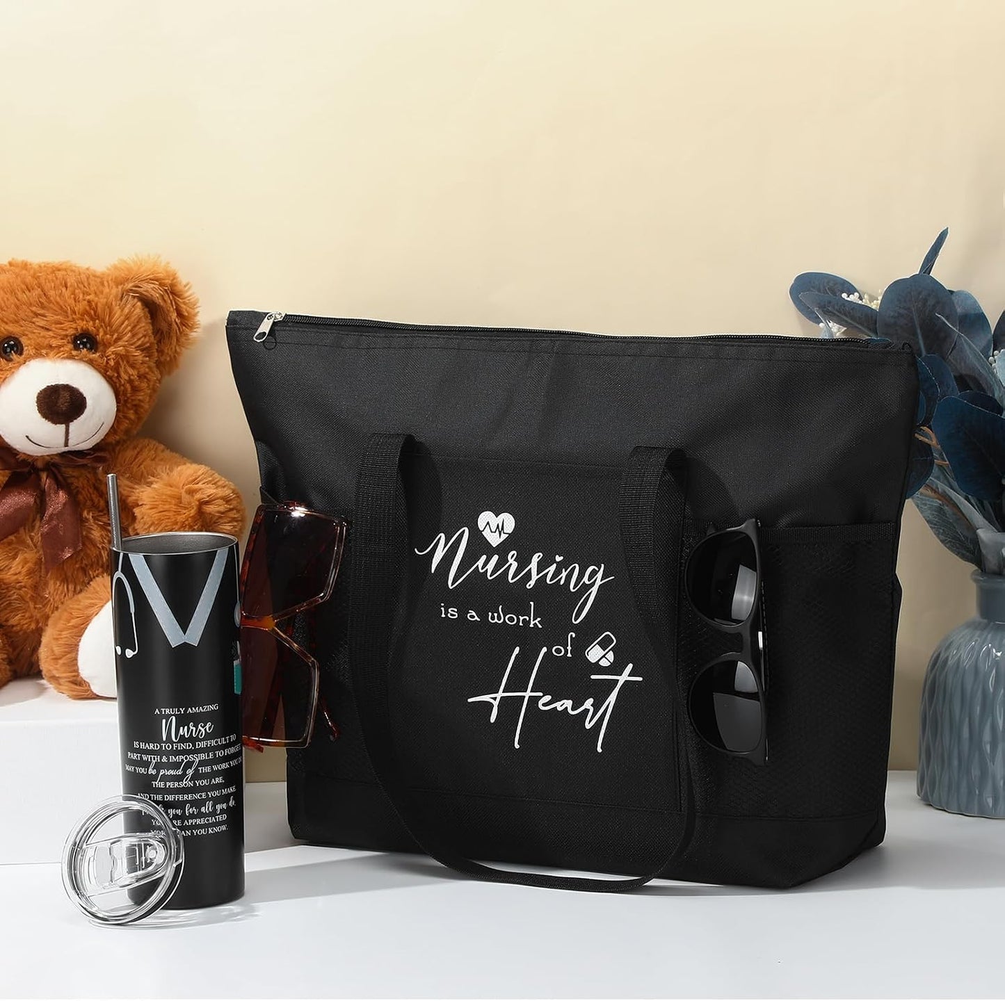 2 Pzas Tote Bag 20oz Taza Café Regalo Mujer Enfermera Negro