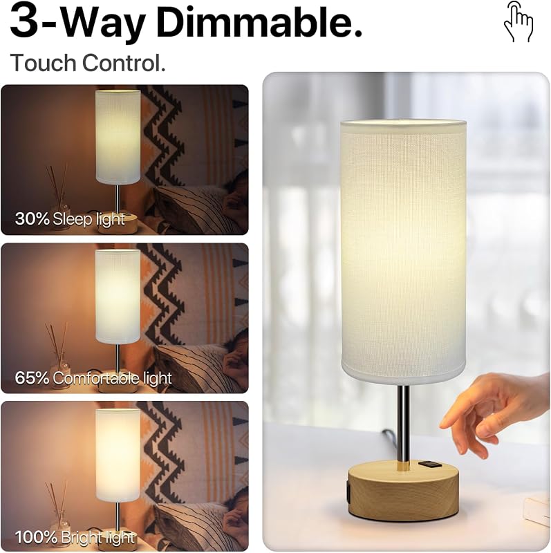 Lámpara mesa noche control táctil 3 vías con puertos USB