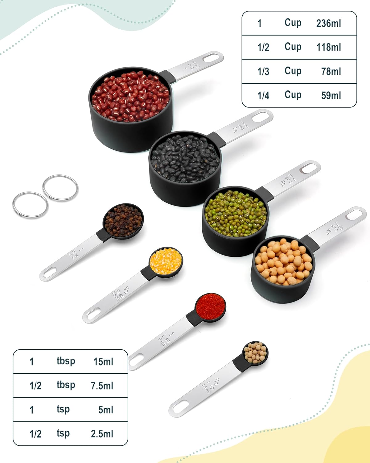 Set 8 Tazas y Cucharas Medidoras Acero Inox Negro
