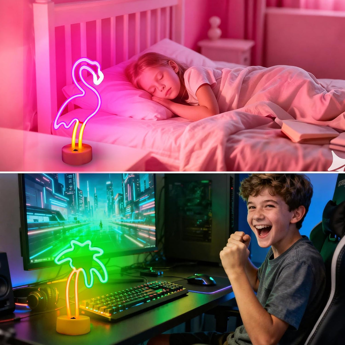 2 Letreros Neón Rosa y Palmera USB para Niñas