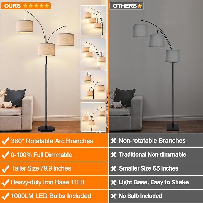 Lámpara pie regulable 3 luces arco negro sala dormitorio