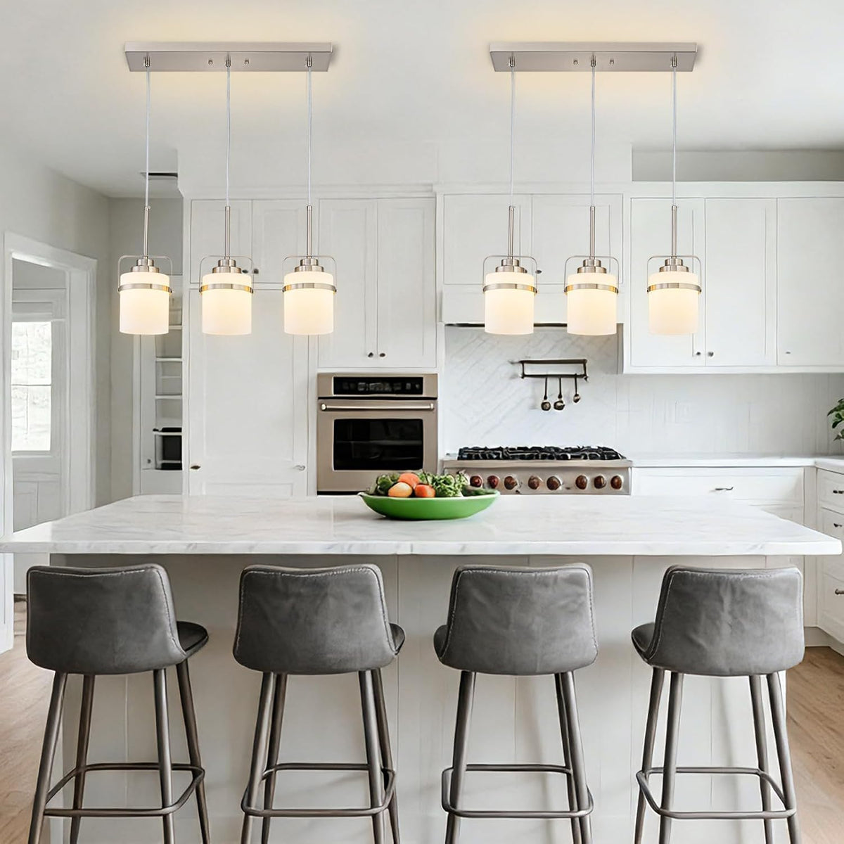 Lámpara colgante 3 luces níquel vidrio leche cocina