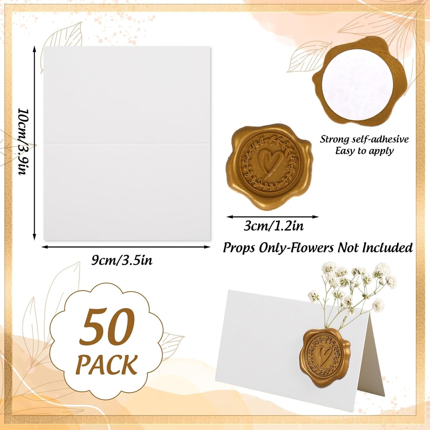 Tarjetas de lugar de boda Whaline con sellos de cera bronce sin flores secas