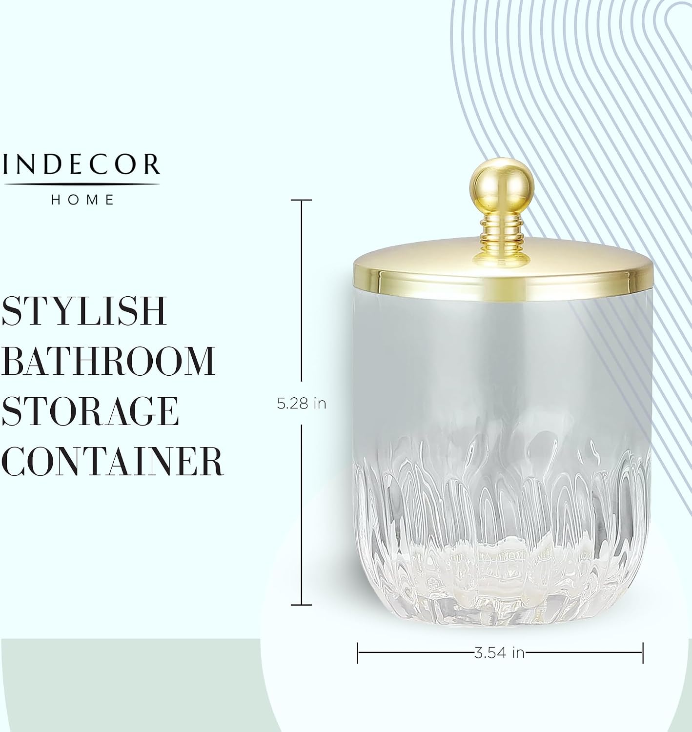 Tarro vidrio ondulado vertical con tapa metal dorado para baño