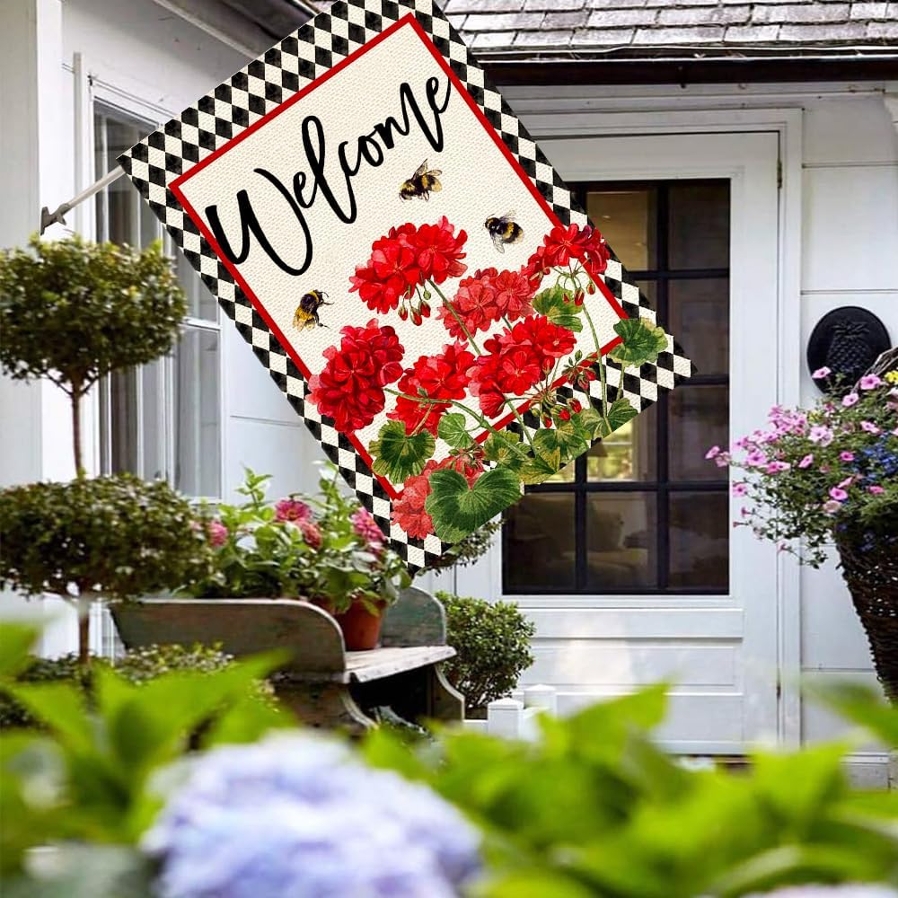 Bandera primavera verano arpillera floral roja 28x40"
