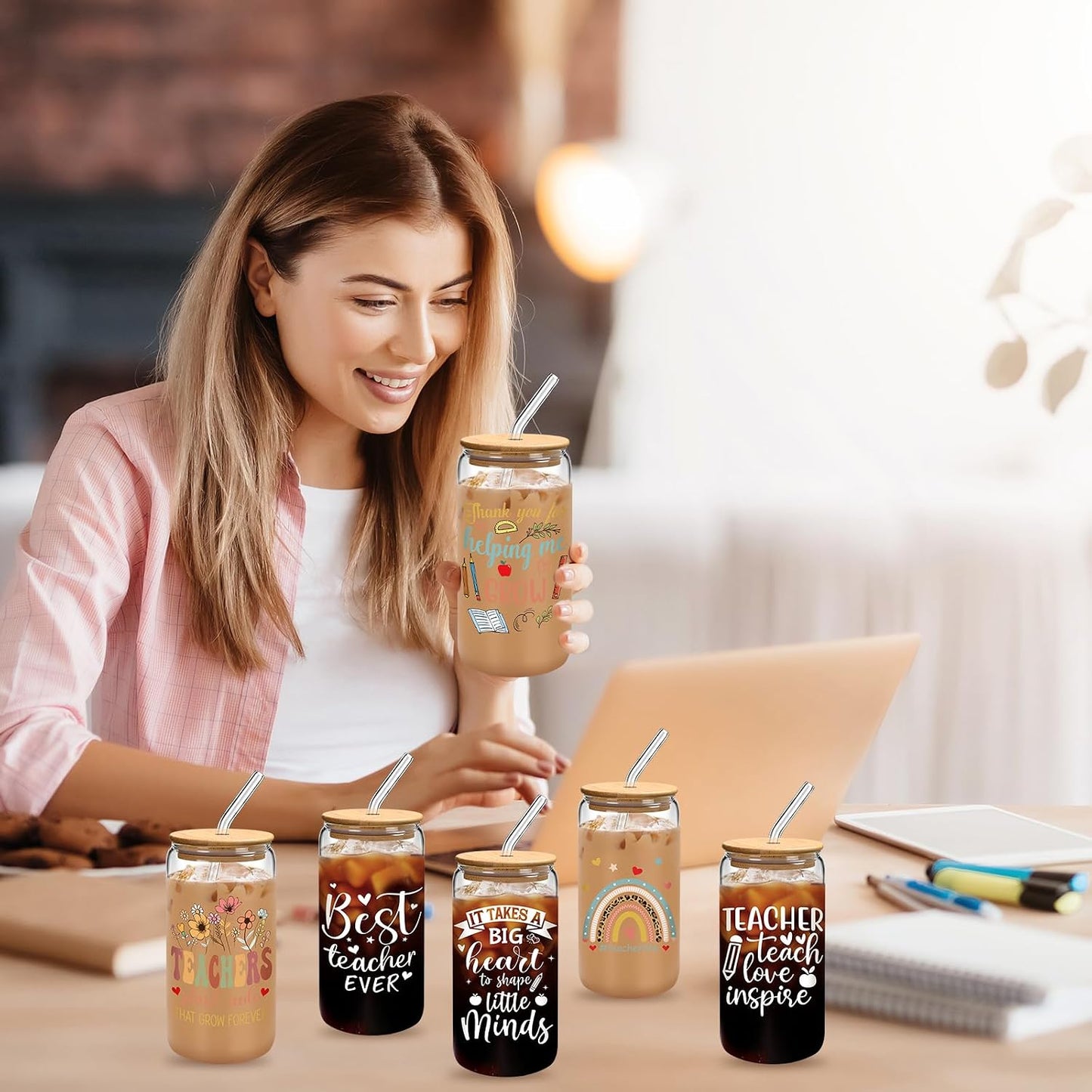 6 Vasos Vidrio 16oz con Tapas Bambú y Pajitas para Café Helado