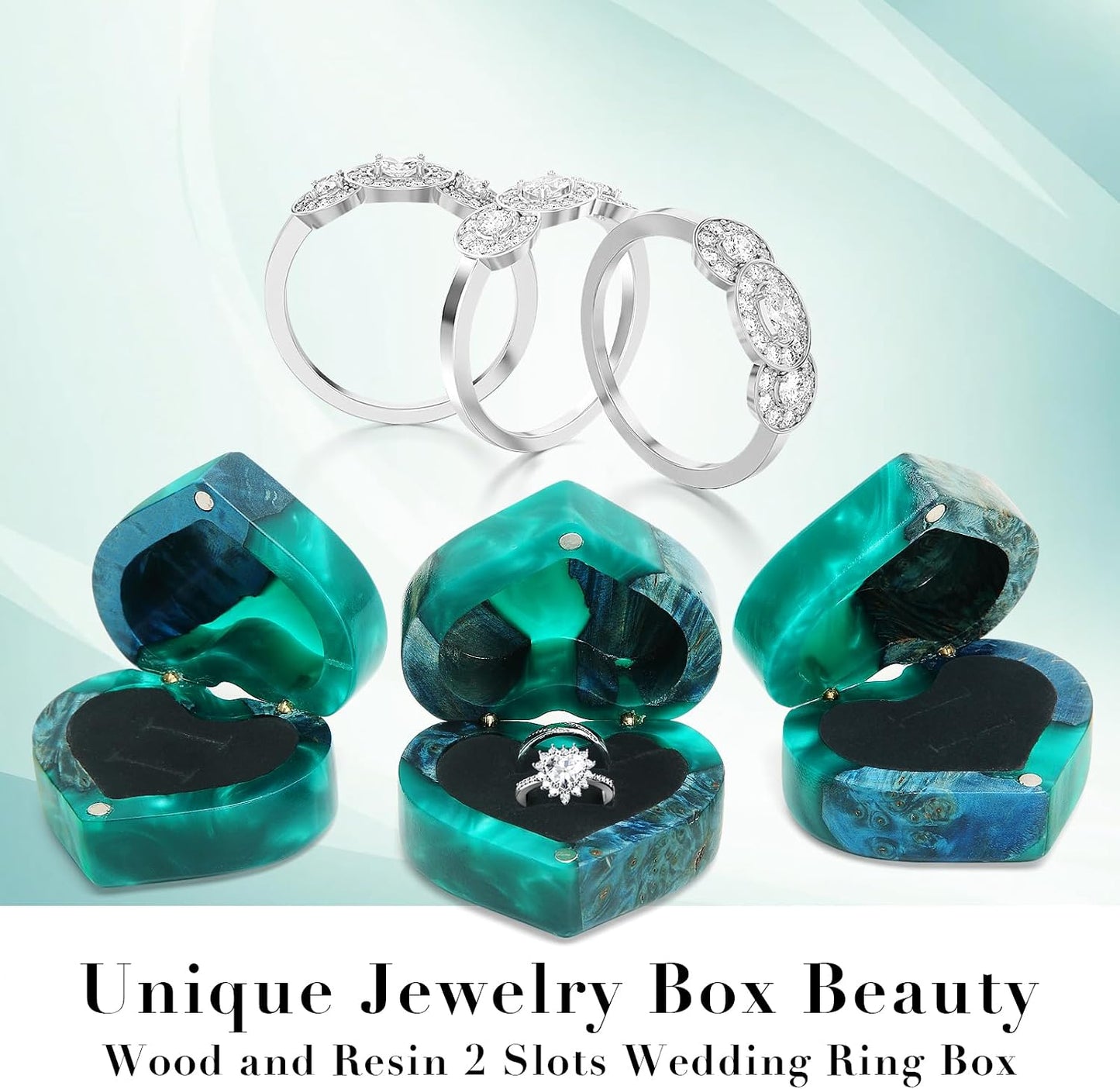 Caja anillo corazón madera resina terciopelo verde