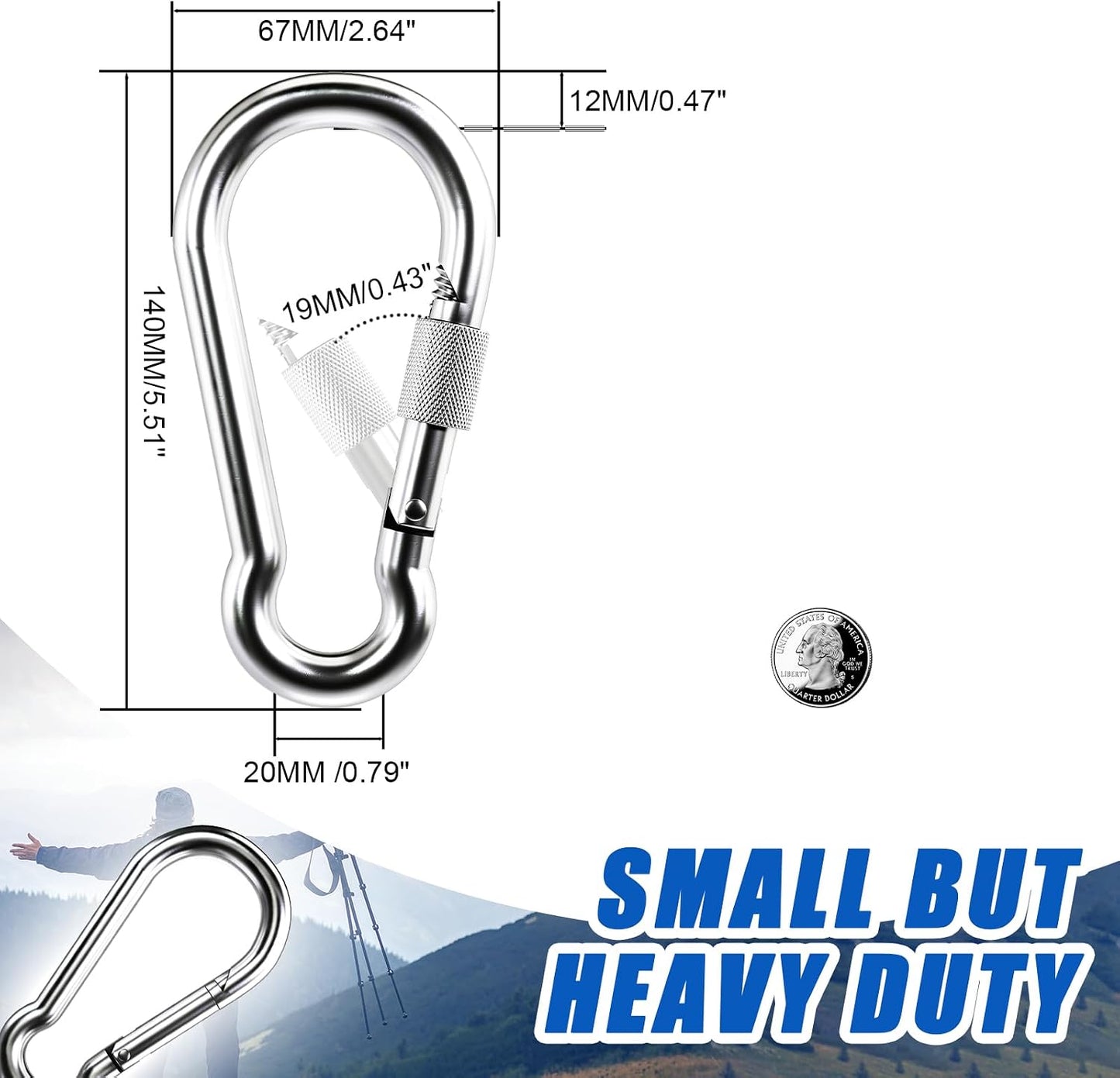 2 Mosquetones Acero Inox 304 5.5" Resistentes para Camping