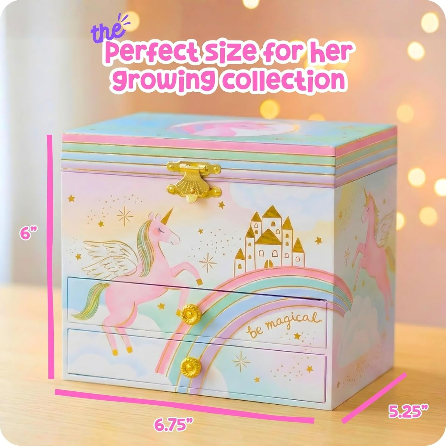 Joyero unicornio para niñas caja música 6.8x5.3x6"