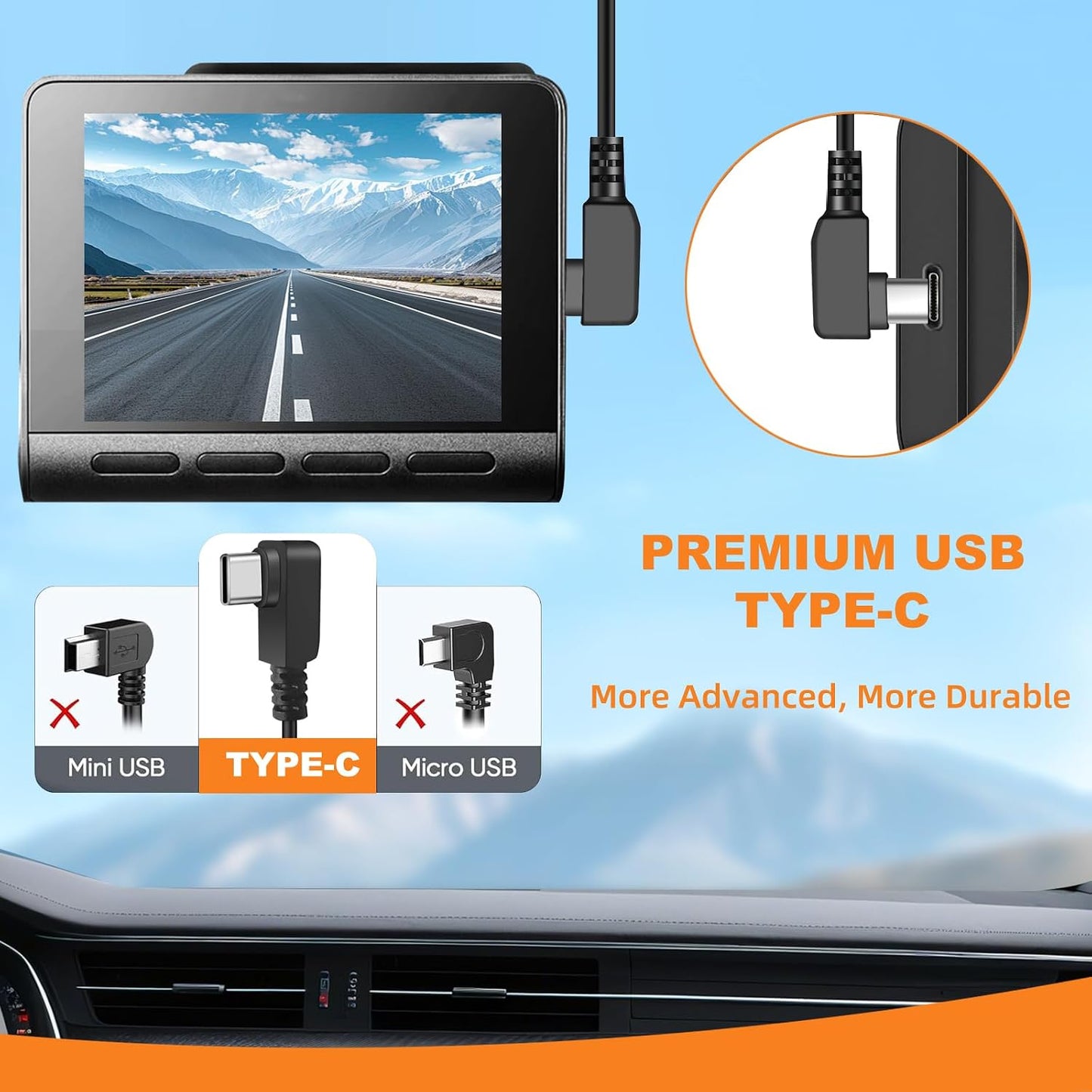 Cable USB C 11.5ft 90 grados para cámara salpicadero