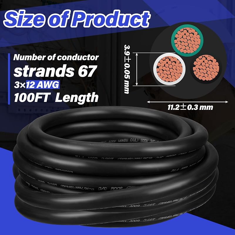 Cable eléctrico cobre puro 12/3 AWG 300V goma resistente