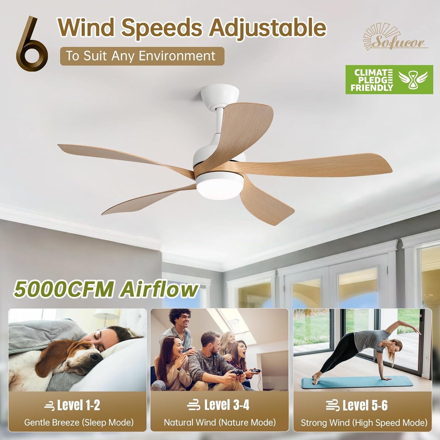Ventilador techo inteligente 52pulg led 6 vel 5000cfm motor