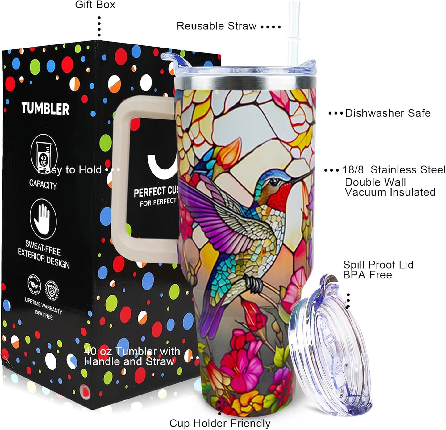 Vaso colibrí 40oz con asa tapa popote aislado regalo mujer