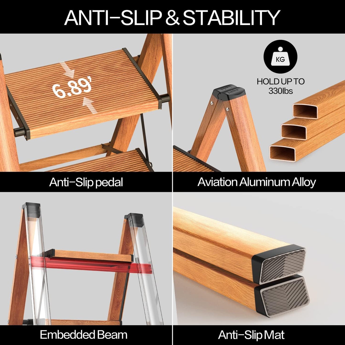 Escalera plegable aluminio 4 escalones color madera 330lb