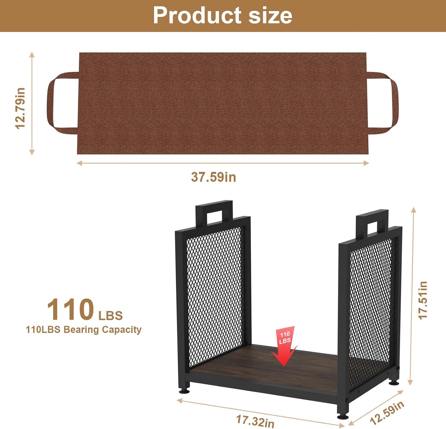 Estante leña interiores madera resistente 17.32pulg negro