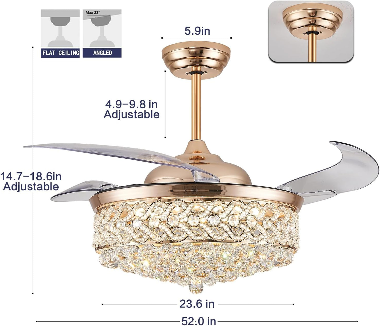 Candelabro dorado 52pulg ventilador techo cristal
