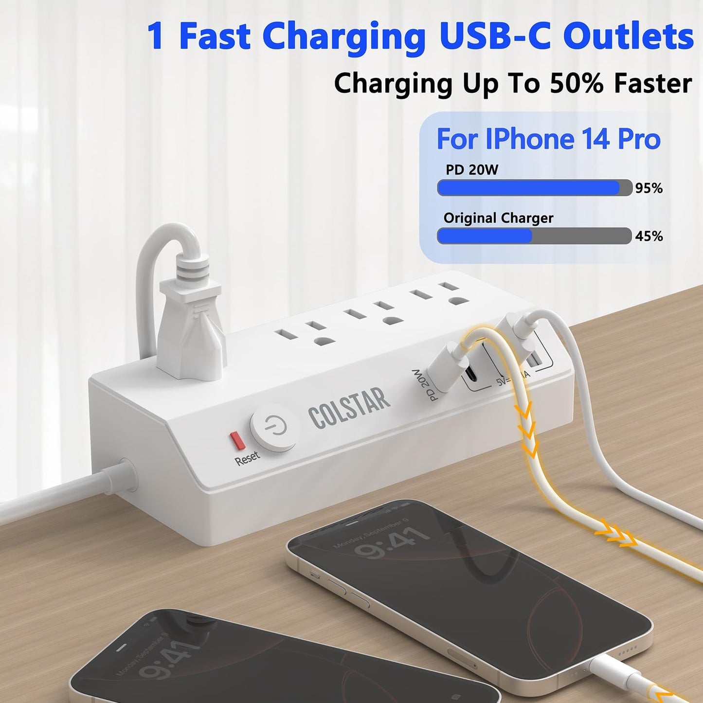 Regleta escritorio USB C 20W carga rápida enchufe plano 10pies