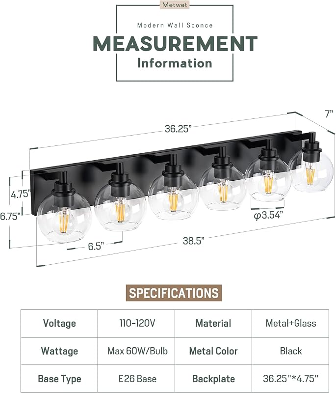 Aplique baño 38" 6 luces pantalla vidrio esférico