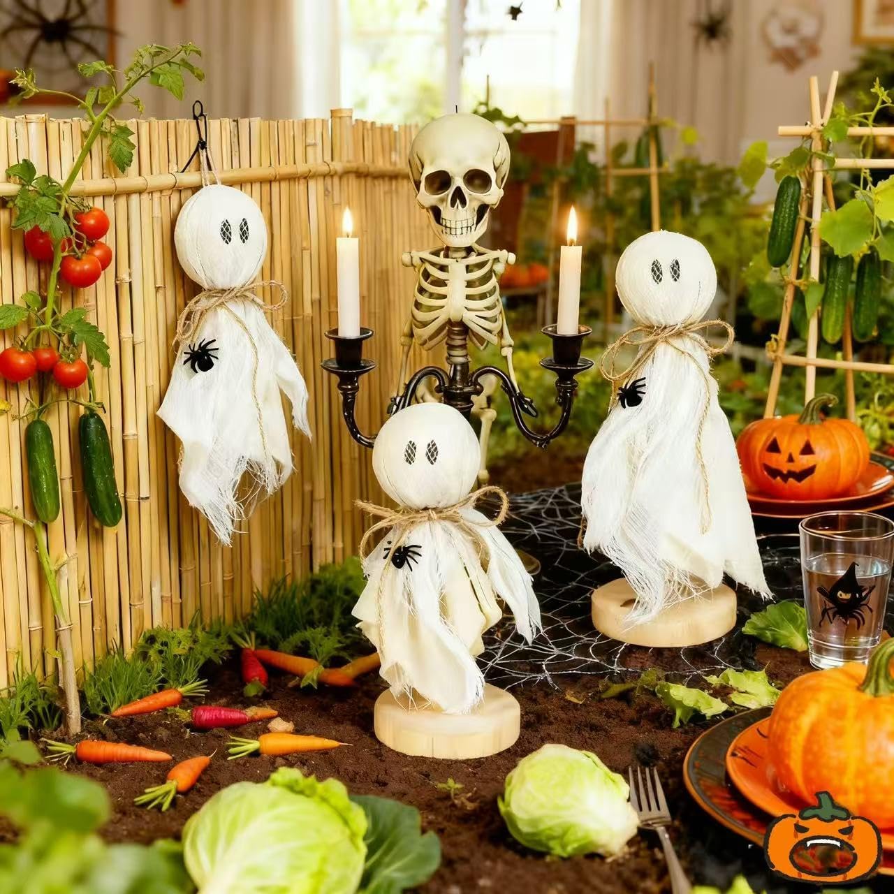 3 Adornos Fantasma Halloween Araña Madera