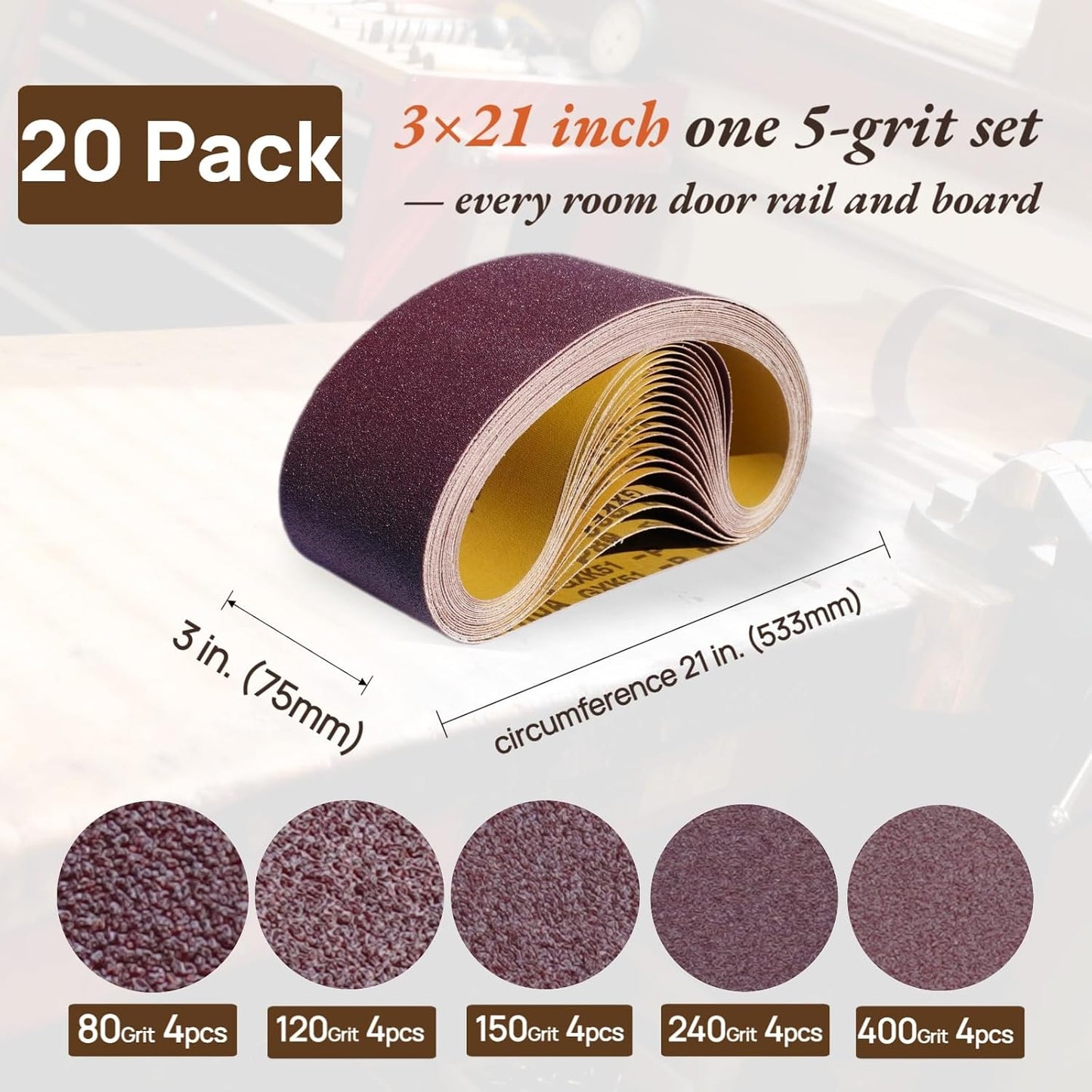 Correas lijado 3x21pulg pack 20 grano 80-400 madera metal