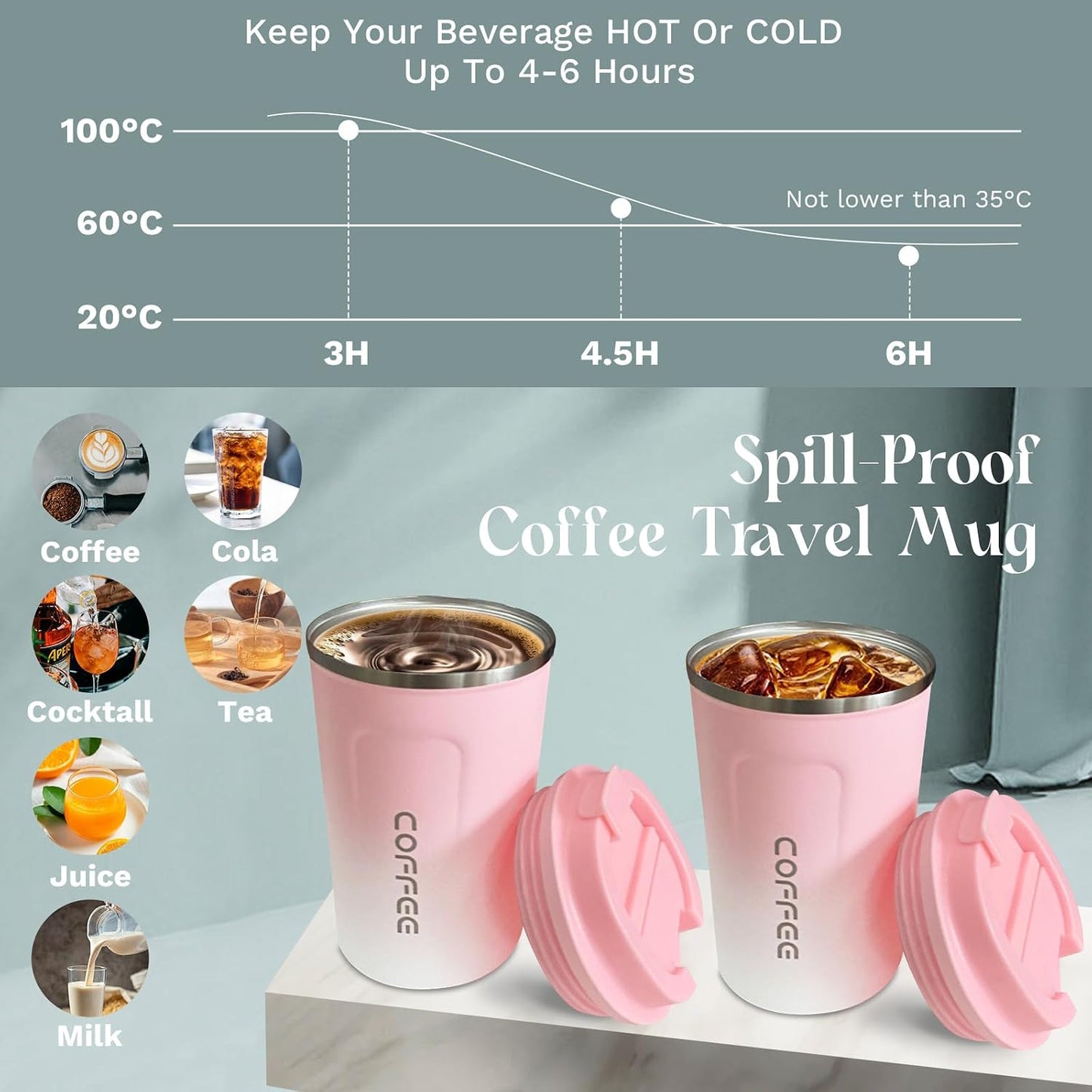 Taza café acero inox aislada portátil con tapa
