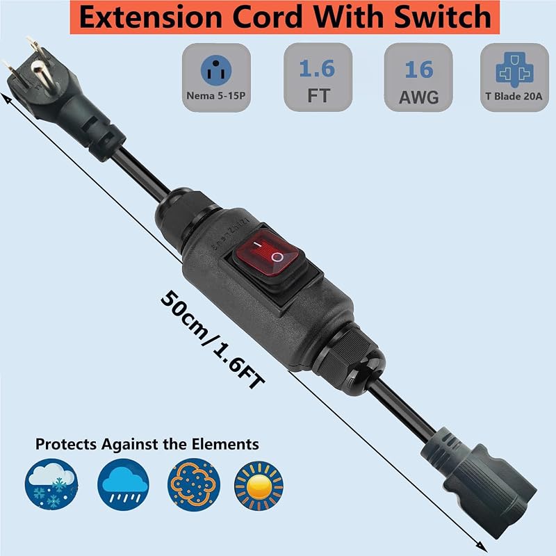 Cable extensión interruptor 16AWG enchufe IP66 20A