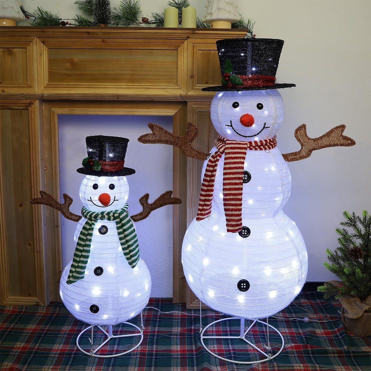 2 Muñecos Nieve Blancos Plegables con Luces LED Exteriores