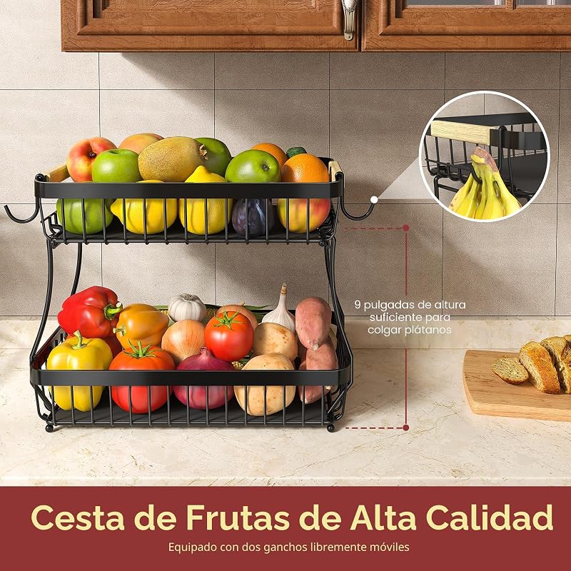 Cesta frutas 3 niveles encimera cocina con ganchos y cuenco metal