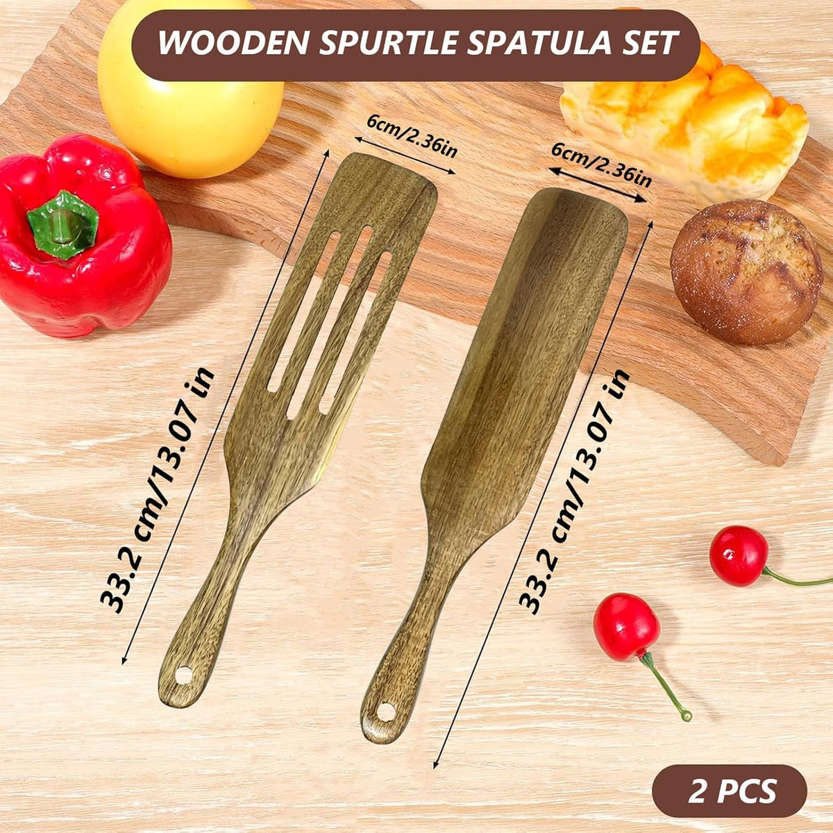 Set 2 Utensilios Madera Teca Ranurados Antiadherentes