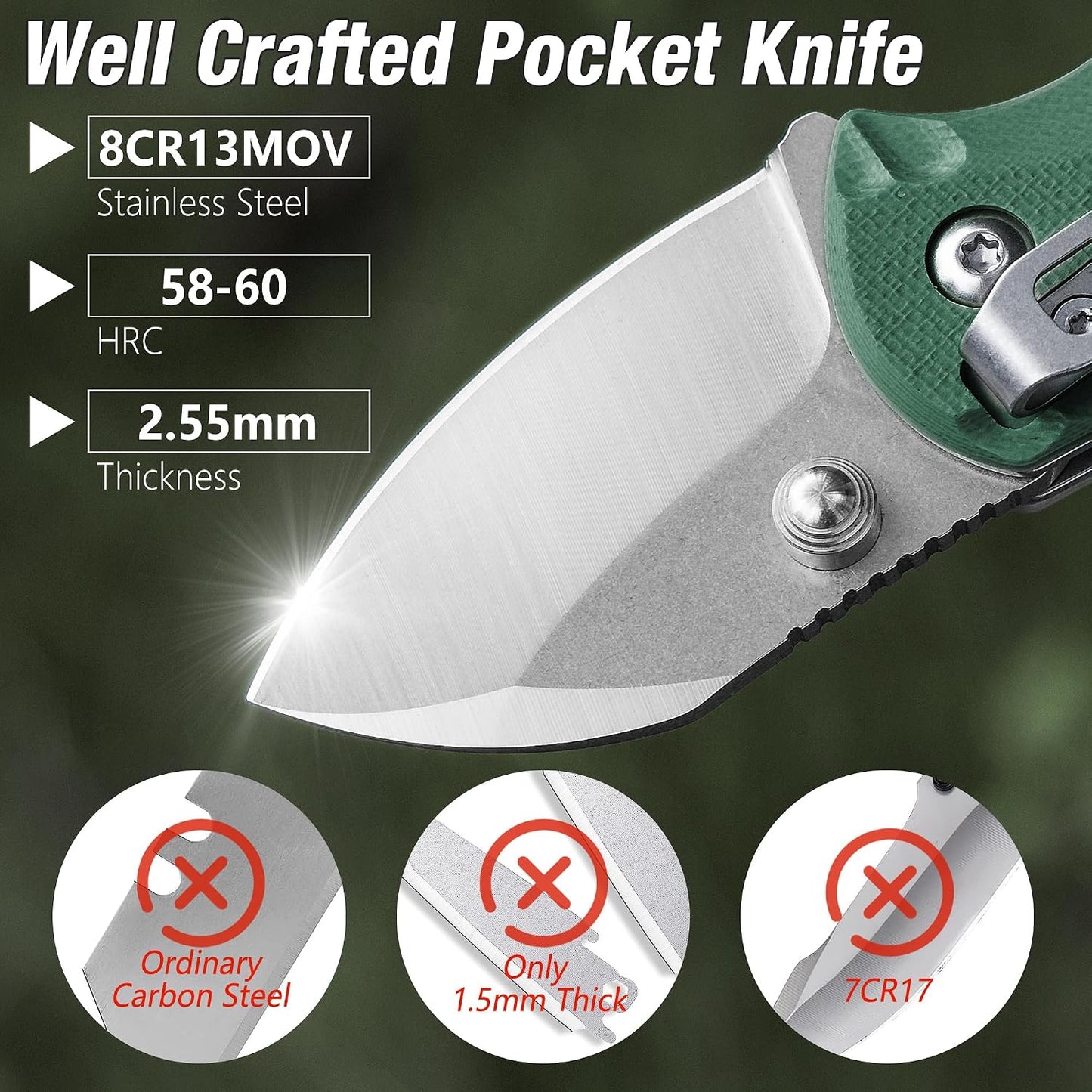 Cuchillo EDC plegable 4" acero 8Cr13MoV mango G10 verde