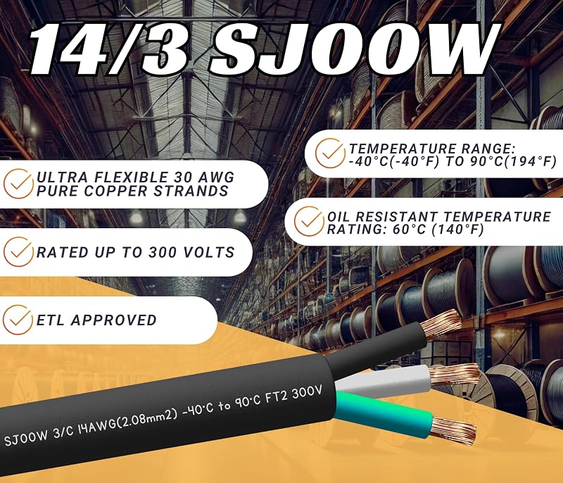 Cable SJOOW 14/3 75ft 300V para motor y luces