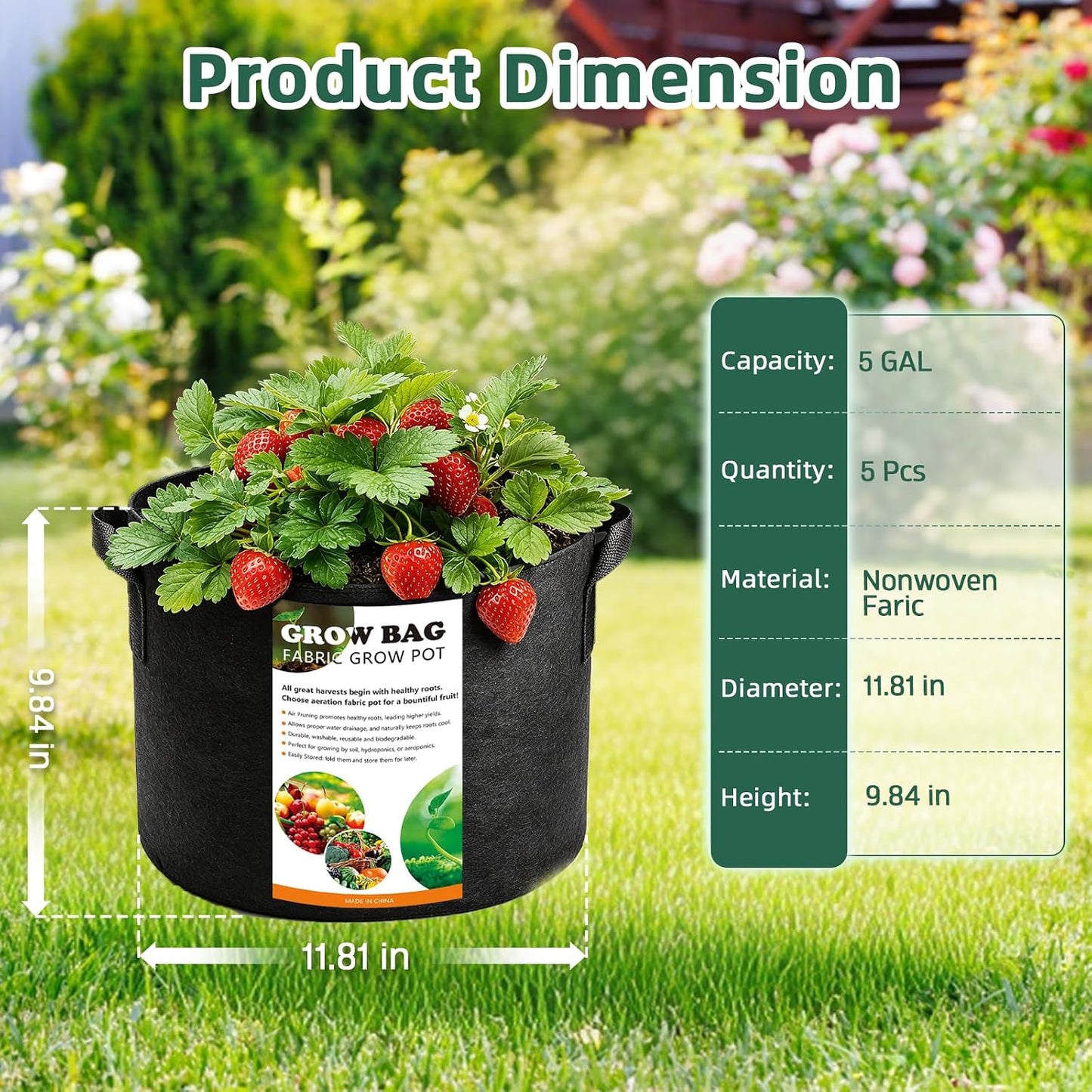 5 Pzas Bolsas Cultivo 5gal Tela Aireada con Asa