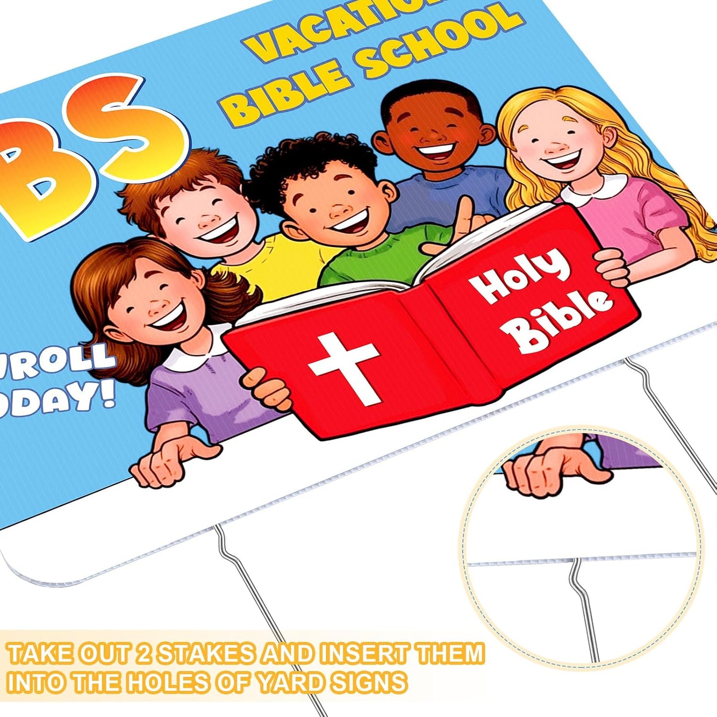 Set 3 letreros VBS 12x16pulg plástico corrugado azul y rojo