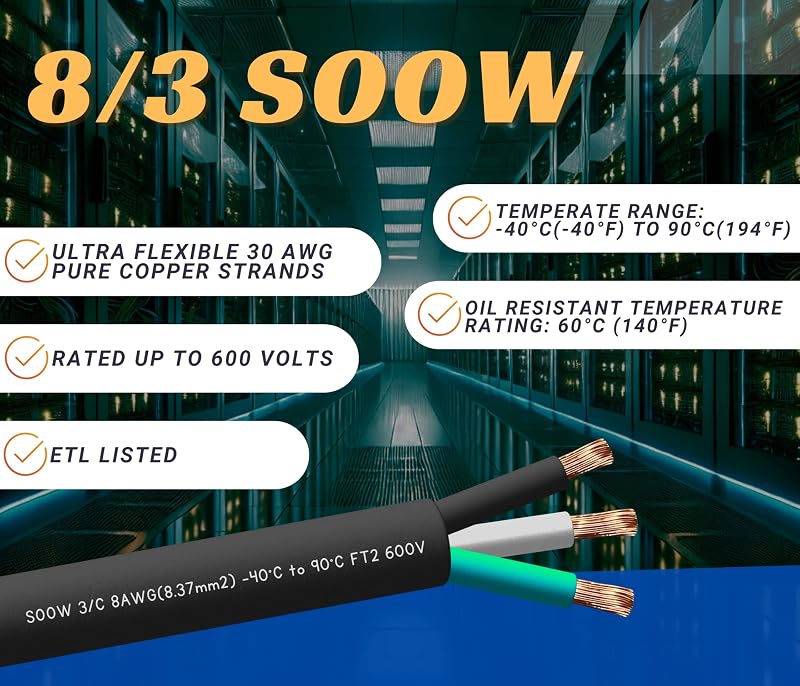 Cable SOOW 5 ft 8/3 600V extensión alimentación flexible