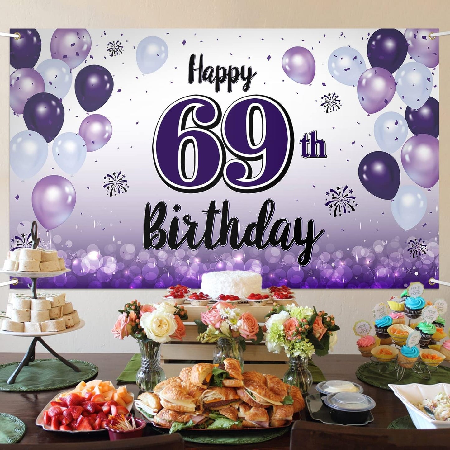 Decoración cumpleaños 69 años globo morado grande