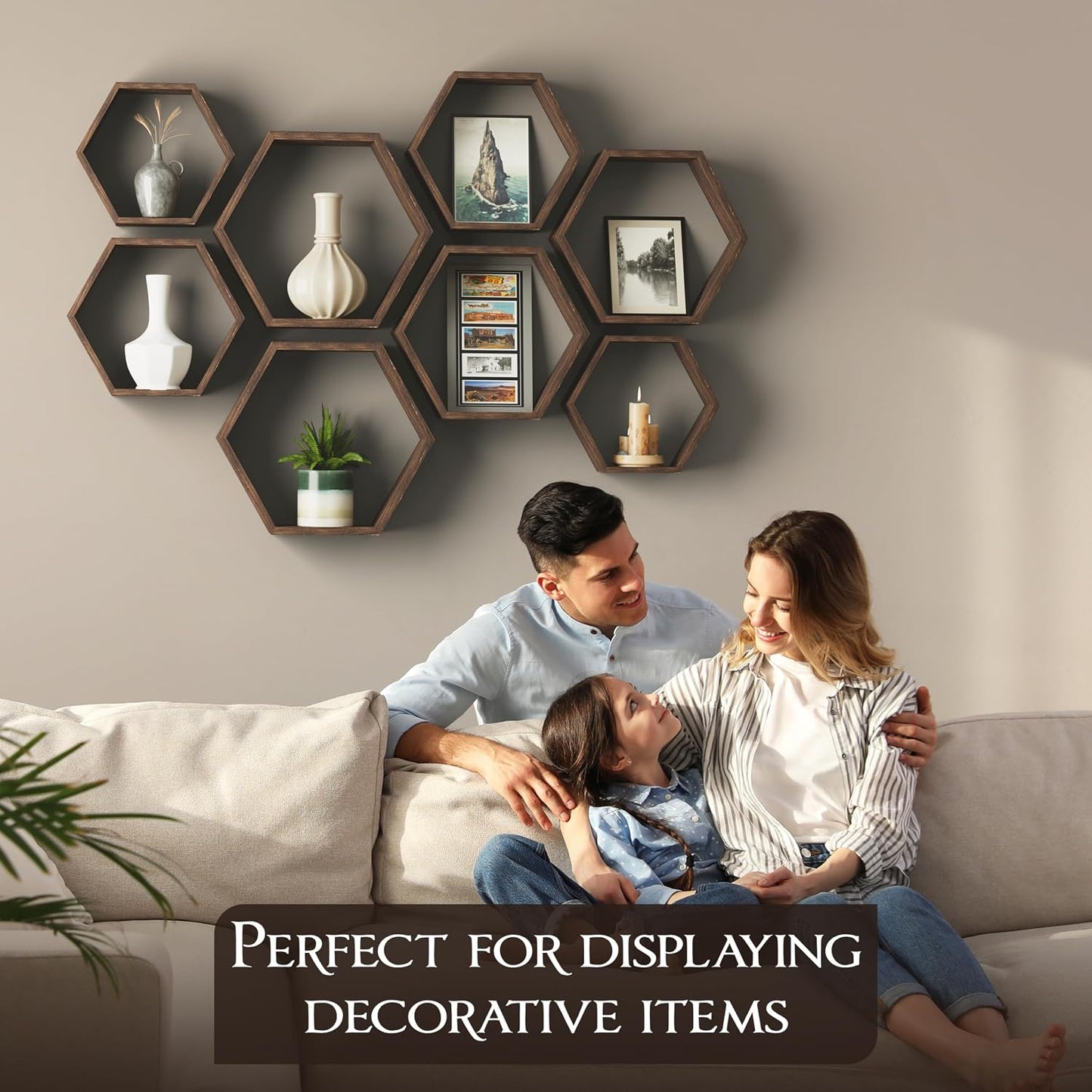 Set 8 estantes flotantes hexagonales madera granja