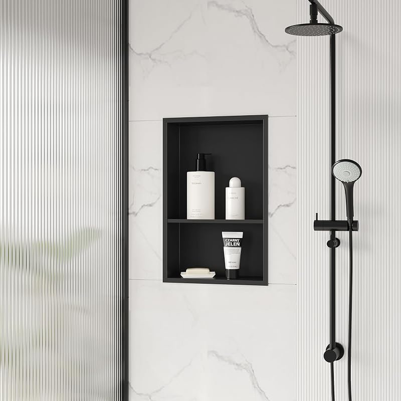 Nicho ducha acero inox 12x18" estantes dobles negro mate