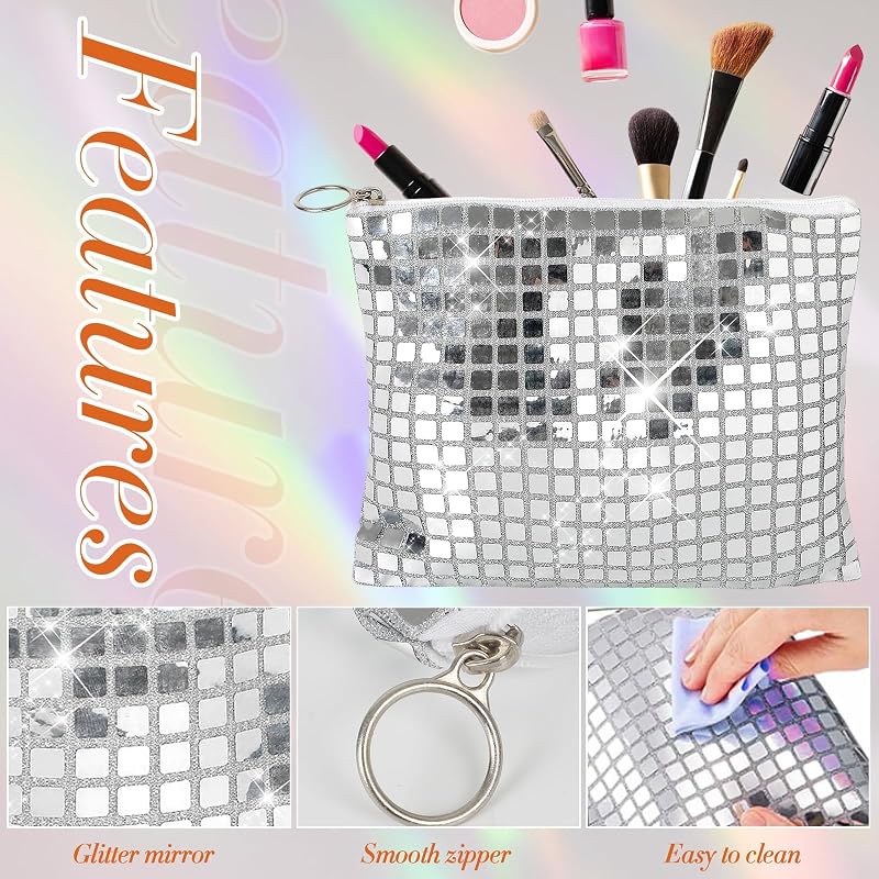10 Bolsas Maquillaje Discoteca 7.8x6.6pulg Plateadas