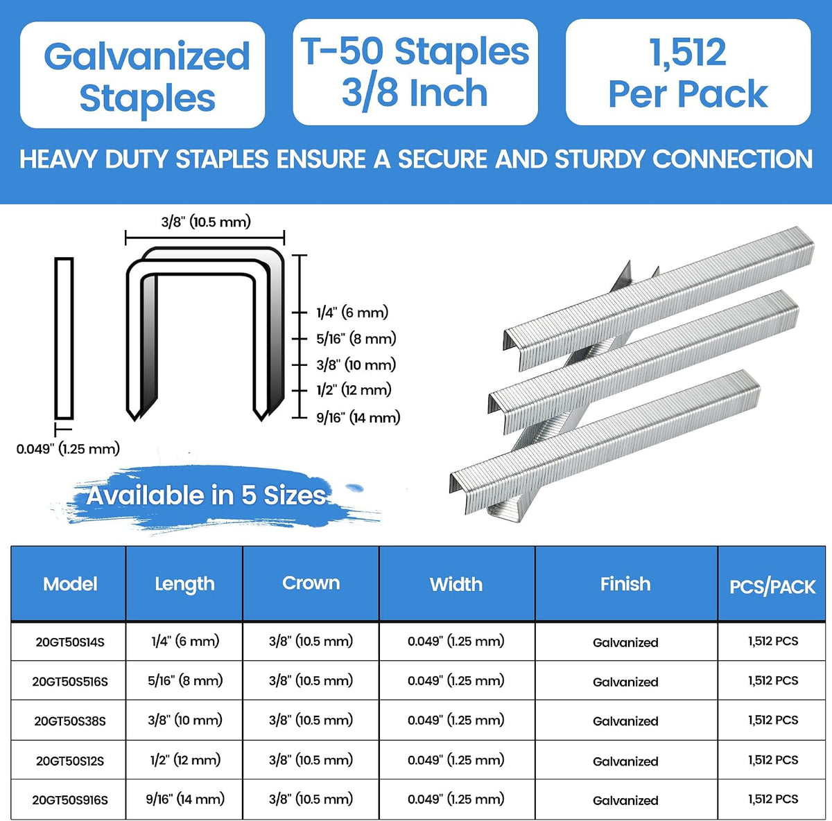 Grapas T-50 galvanizadas 3/8pulg corona 20 tapicería
