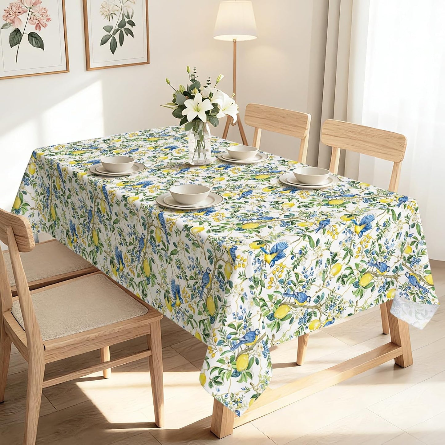 Mantel rectangular verano azul limón pájaros poliéster 55x