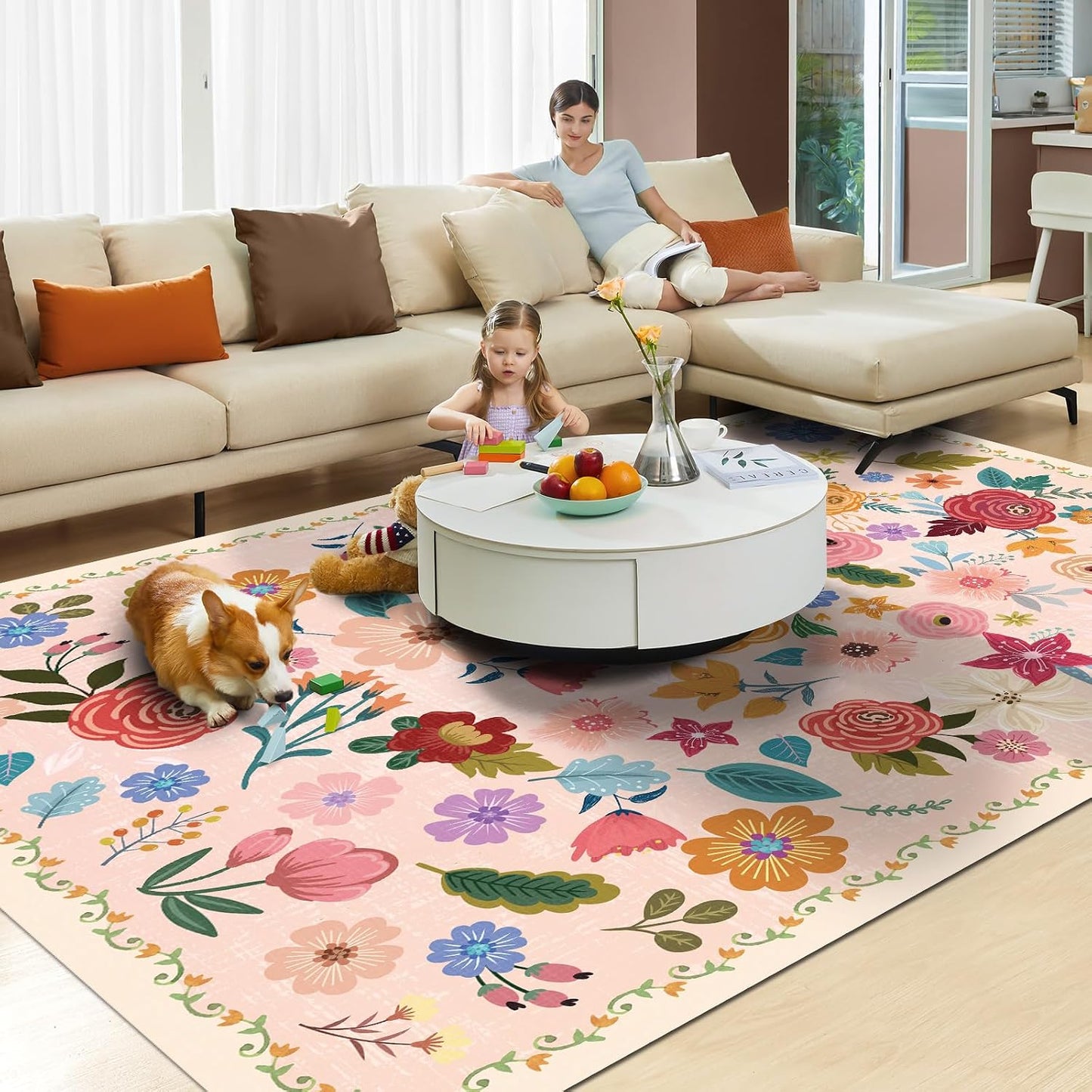 Alfombra lavable rosa 5x7ft bohemio antiderrap