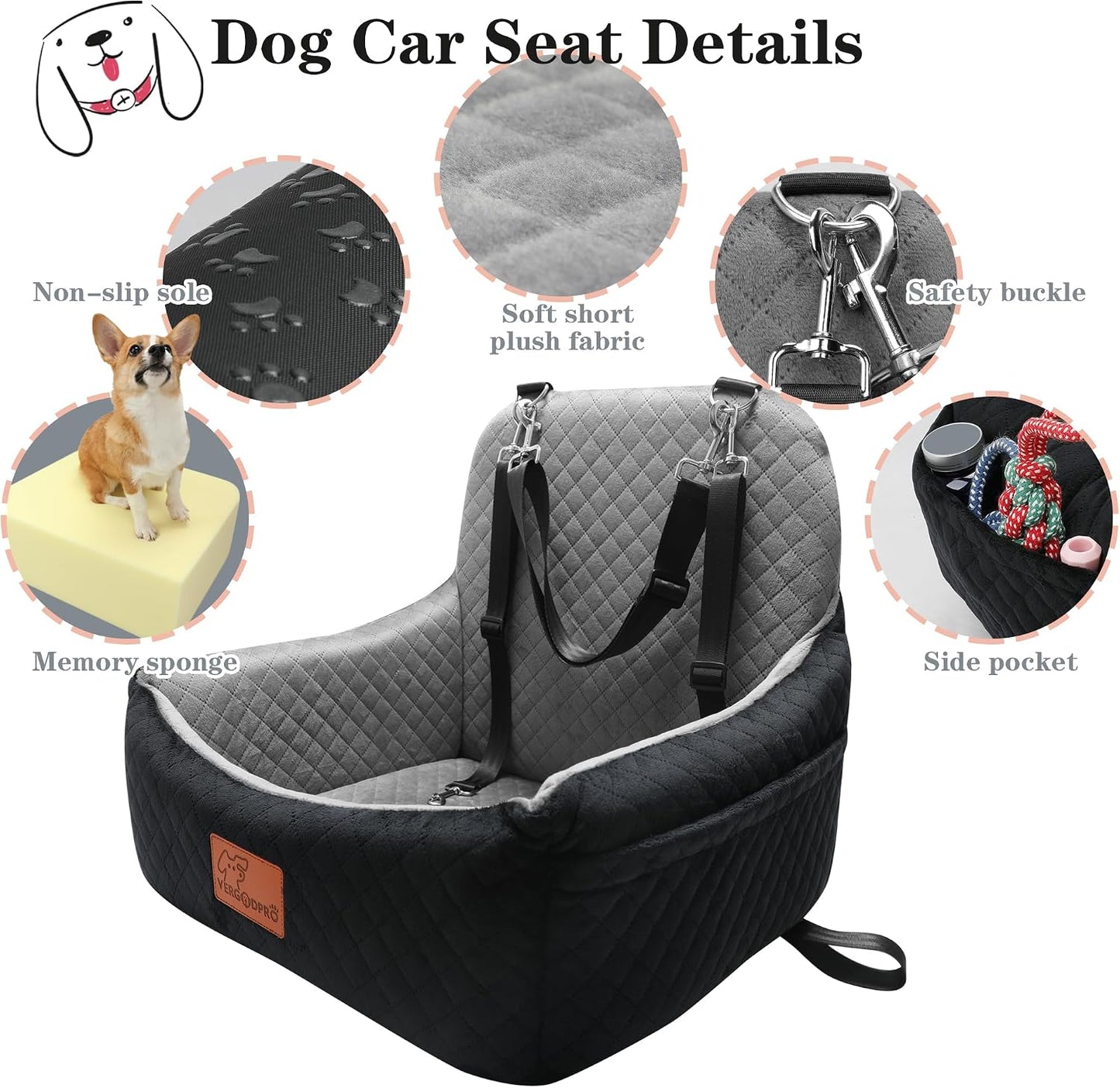 Asiento coche perro elevado 25lb tela suave con cinturones