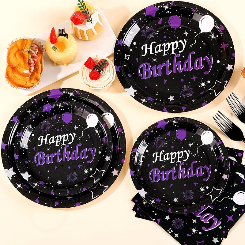 Juego platos servilletas cumpleaños morado y negro 25 invitados