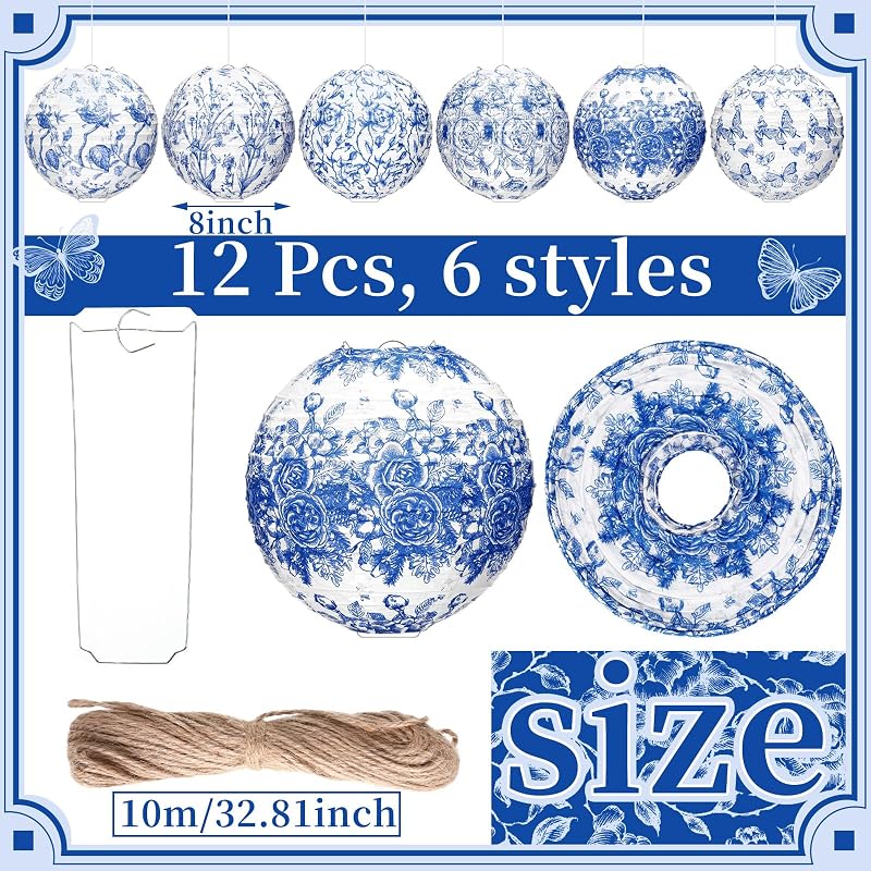 12 Pzas Faroles Chinos Azul Blanco 8pulg Colgantes Decoración