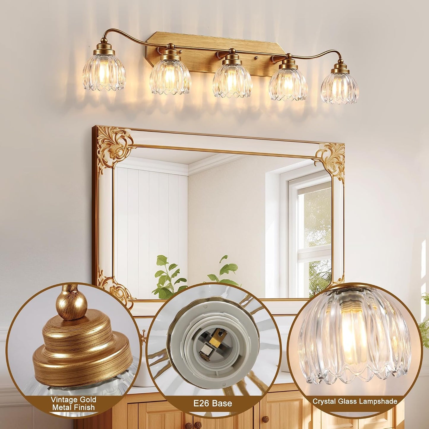 Lámpara de baño vintage 5 luces dorada acabado latón antiguo