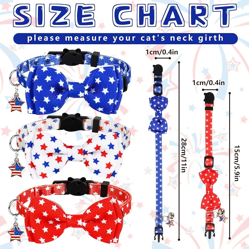 3 Collares Patrióticos Gato Bandera USA Ajustables